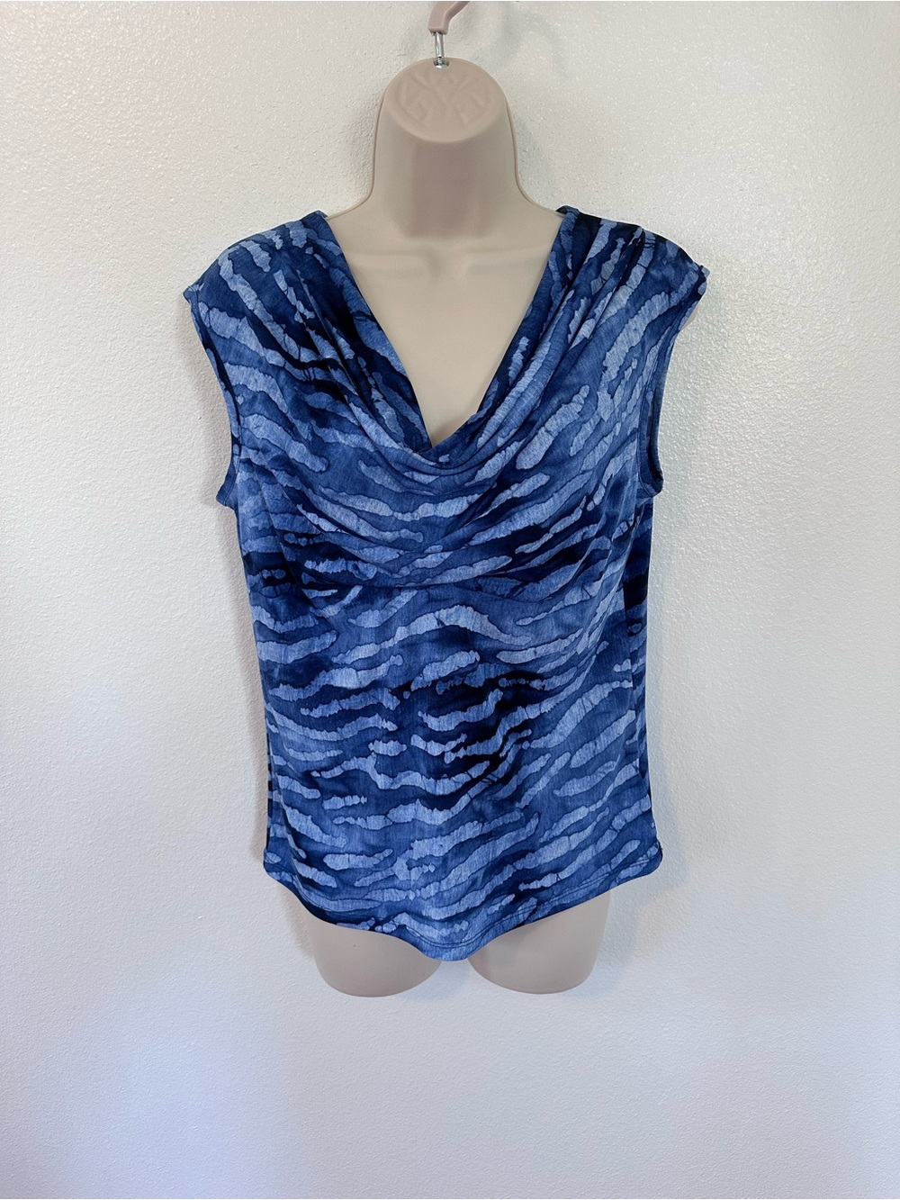 Michael Kors Blue Patterned Draped Cowl Neck Blouse